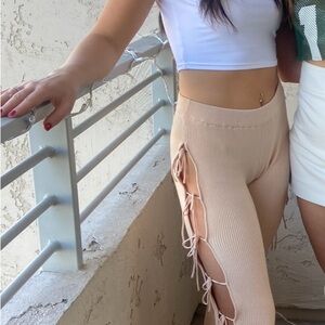 Edikted Cream Lace-Up Wide Leg Pants